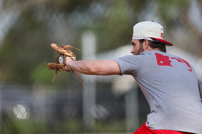 Feb 16, 2025; Clearwater, FL, USA; Philadelphia Phillies first base Bryce Harper (3) participates in spring training workouts at BayCare Ballpark. Mandatory Credit: Nathan Ray Seebeck-Imagn Images