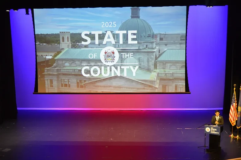 Montgomery County Commissioners’ Chairman Neil Makhija speaks during the 2025 State of the County address on Feb. 18, 2025 at Montgomery County Community College in Blue Bell.