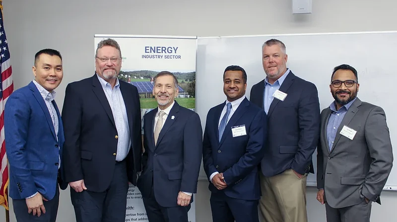 The Smart Energy Initiative recently hosted its 13th annual energy briefing addressing energy issues and the increasing demand for power. In this photo, left to right are: Kevin Wong, general manager, Emergent Energy and SEI board vice chairman; Steve Krug, principal, Krug Architects and SEI board chairman; Dave Velazquez, president and CEO, PECO, and event speaker; Asim Haque, senior vice president of governmental and member services, PJM Interconnection and event speaker; Michael Cromer, VP energy & sustainability, Pennoni and SEI programming chairman; and Tijo Joseph, director of operations, Warren Energy and SEI programming vice chairman. (Credit: Chester County Economic Development Council)