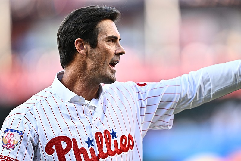 Jun 21, 2024; Philadelphia, Pennsylvania, USA; Former Philadelphia Phillies pitcher Cole Hamels reacts during a ceremony before the game against the Arizona Diamondbacks at Citizens Bank Park. Mandatory Credit: Kyle Ross-USA TODAY Sports