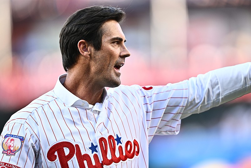 Jun 21, 2024; Philadelphia, Pennsylvania, USA; Former Philadelphia Phillies pitcher Cole Hamels reacts during a ceremony before the game against the Arizona Diamondbacks at Citizens Bank Park. Mandatory Credit: Kyle Ross-USA TODAY Sports