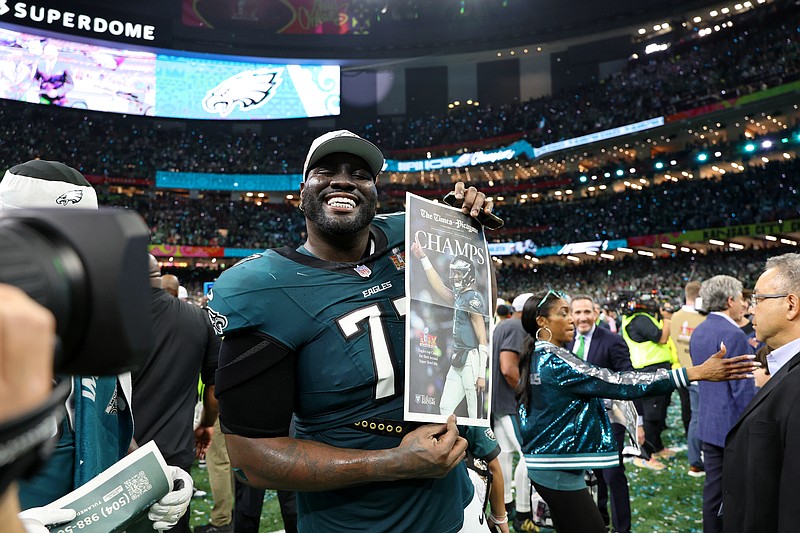 Feb 9, 2025; New Orleans, LA, USA; Philadelphia Eagles offensive tackle Mekhi Becton (77) celebrates after winning Super Bowl LIX at Caesars Superdome. Mandatory Credit: Geoff Burke-Imagn Images