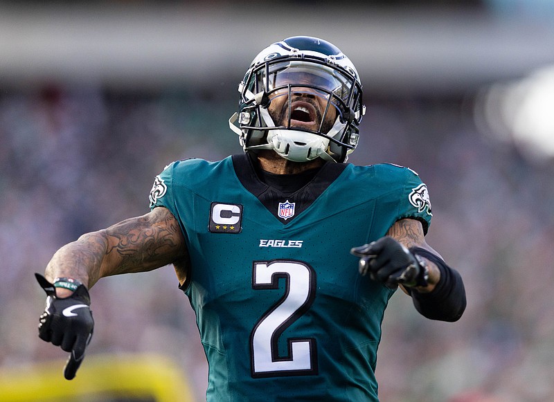 Dec 8, 2024; Philadelphia, Pennsylvania, USA;  Philadelphia Eagles cornerback Darius Slay Jr. (2) reacts after a defensive stop against the Carolina Panthers during the fourth quarter at Lincoln Financial Field. Mandatory Credit: Bill Streicher-Imagn Images