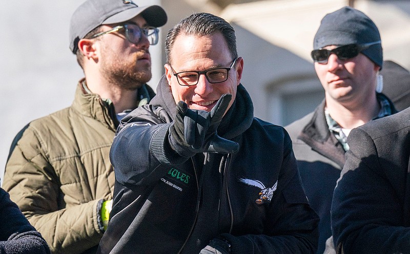 Pennsylvania Governor, Josh Shapiro waves to Eagles fans during the Philadelphia Eagles Super Bowl 59 victory parade along S. Broad Street in Philadelphia, PA, on Friday, Feb. 14, 2025.