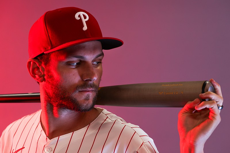 Feb 20, 2025; Clearwater, FL, USA; Philadelphia Phillies shortstop Trea Turner (7) participates in media day at BayCare Ballpark. Mandatory Credit: Nathan Ray Seebeck-Imagn Images