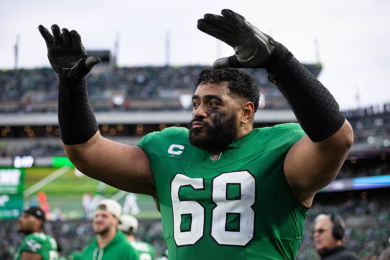 Dec 29, 2024; Philadelphia, Pennsylvania, USA; Philadelphia Eagles offensive tackle Jordan Mailata (68) reacts against the Dallas Cowboys at Lincoln Financial Field. Mandatory Credit: Bill Streicher-Imagn Images