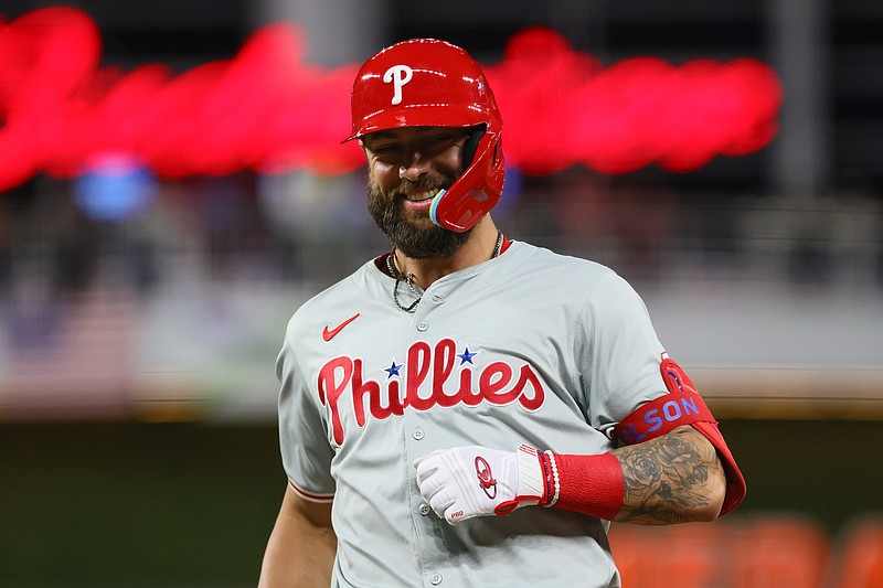 Sep 6, 2024; Miami, Florida, USA; Philadelphia Phillies left fielder Weston Wilson (37) reacts from first base after hitting a single against the Miami Marlins during the ninth inning at loanDepot Park. Mandatory Credit: Sam Navarro-Imagn Images