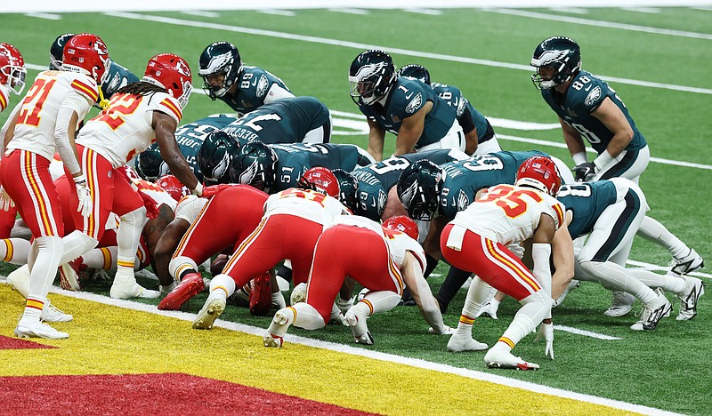 Feb 9, 2025; New Orleans, LA, USA;  Philadelphia Eagles quarterback Jalen Hurts (1) prepares to take the snap before running in for a touchdown against the Kansas City Chiefs in the first quarter in Super Bowl LIX at Ceasars Superdome. Mandatory Credit: Stephen Lew-Imagn Images