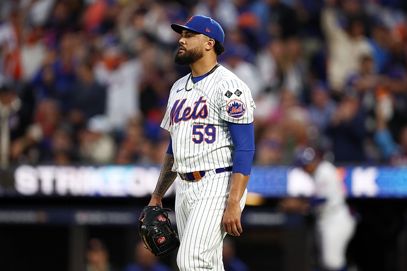 Oct 8, 2024; New York City, New York, USA; New York Mets pitcher Sean Manaea (59) reacts in the fifth inning against the Philadelphia Phillies during game three of the NLDS for the 2024 MLB Playoffs at Citi Field. Mandatory Credit: Vincent Carchietta-Imagn Images