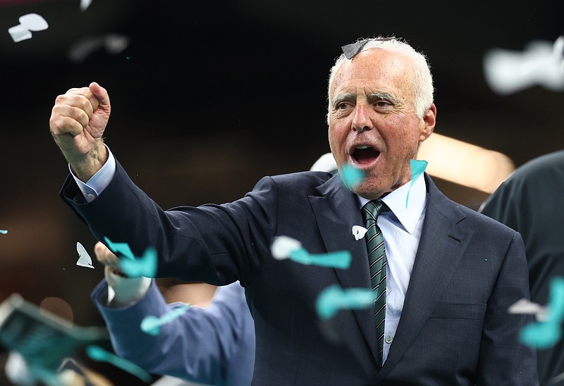 Feb 9, 2025; New Orleans, LA, USA; Philadelphia Eagles owner Jeffrey Lurie celebrates after defeating the Kansas City Chiefs in Super Bowl LIX at Ceasars Superdome. Mandatory Credit: Mark J. Rebilas-Imagn Images