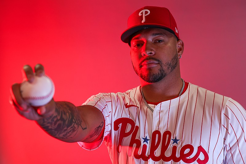 Feb 20, 2025; Clearwater, FL, USA; Philadelphia Phillies pitcher Taijuan Walker (99) participates in media day at BayCare Ballpark. Mandatory Credit: Nathan Ray Seebeck-Imagn Images