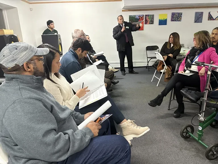 Carlos G. Obrador Garrido Cuesta, head consul of the Mexican Consulate in Philadelphia, speaks as panelists and business owners participate in an economic forum on Feb. 12, 2025 at CCATE in Norristown. (Credit: Obed Arango/CCATE)