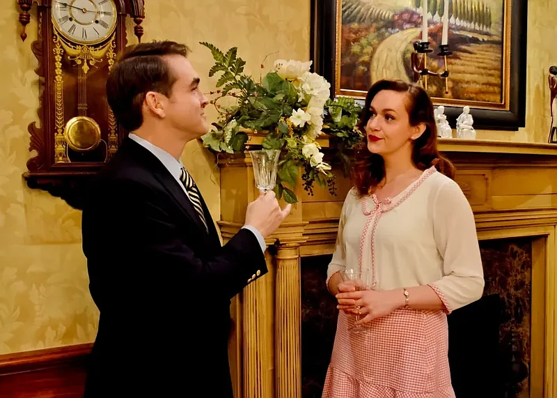 Matt Thompson as “Dexter Haven” and Samantha Simpson as “Tracy Lord” in a scene from the Playcrafters production of “The Philadelphia Story.” (Submitted Photo)