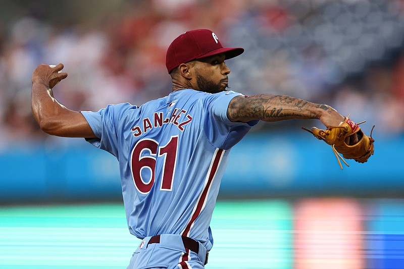 Aug 29, 2024; Philadelphia, Pennsylvania, USA; Philadelphia Phillies pitcher Cristopher Sanchez (61) throws a pitch during the first inning against the Atlanta Braves at Citizens Bank Park. Mandatory Credit: Bill Streicher-USA TODAY Sports