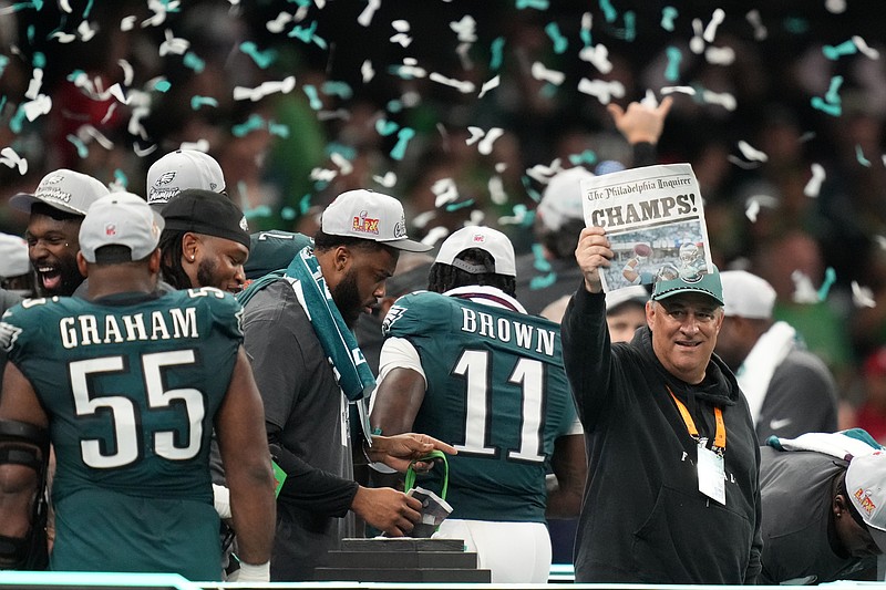 Feb 9, 2025; New Orleans, LA, USA; Philadelphia Eagles defensive coordinator Vic Fangio reacts after defeating the Kansas City Chiefs in Super Bowl LIX at Caesars Superdome. Mandatory Credit: Kirby Lee-Imagn Images