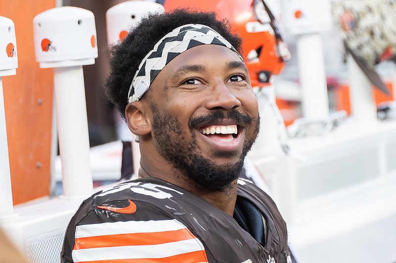 Nov 5, 2023; Cleveland, Ohio, USA; Cleveland Browns defensive end Myles Garrett (95) reacts during the second half against the Arizona Cardinals at Cleveland Browns Stadium. Mandatory Credit: Ken Blaze-USA TODAY Sports