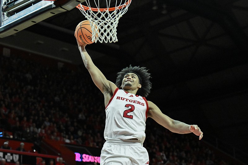 Feb 23, 2025; Piscataway, New Jersey, USA; Rutgers Scarlet Knights guard Dylan Harper (2) dunks the ball during the second half against the USC Trojans at Jersey Mike's Arena. Mandatory Credit: John Jones-Imagn Images