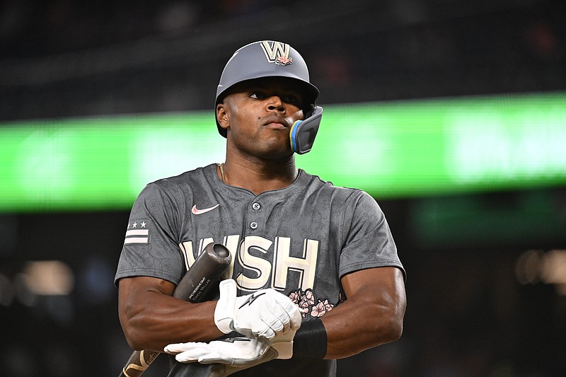 Sep 27, 2024; Washington, District of Columbia, USA;  Washington Nationals outfielder Stone Garrett (36) looks toward the crowd during the first inning against the Philadelphia Phillies at Nationals Park. Mandatory Credit: James A. Pittman-Imagn Images