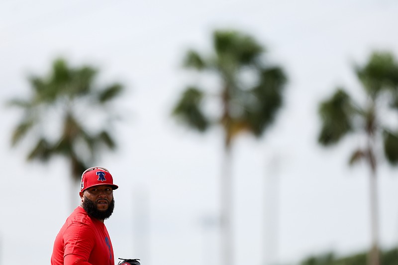 Feb 19, 2025; Clearwater, FL, USA;  Philadelphia Phillies pitcher Jose Alvarado (46) participates in spring training workouts at BayCare Ballpark. Mandatory Credit: Nathan Ray Seebeck-Imagn Images