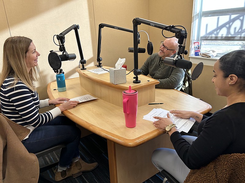 Montgomery County Community College’s “Montco on the Move” podcast host Dr. Jared Brown, interviews Wellness Center Director Dr. Nichole Kang and Wellness Center Ally Arthur during a recording of the new wellness series aimed at providing information on free student resources. (Credit: Eric Devlin/MCCC)