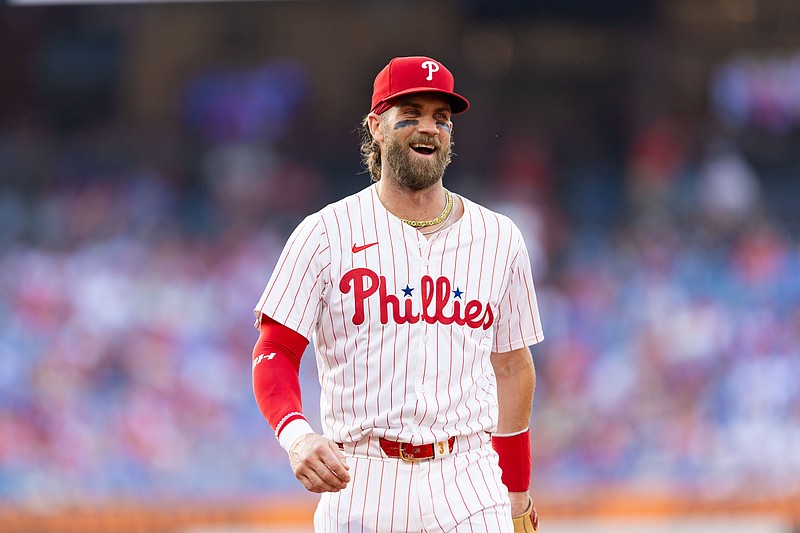 May 21, 2024; Philadelphia, Pennsylvania, USA; Philadelphia Phillies first base Bryce Harper (3) in a game against the Texas Rangers at Citizens Bank Park. Mandatory Credit: Bill Streicher-USA TODAY Sports