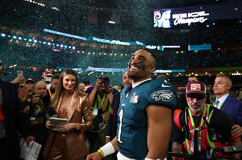 Feb 9, 2025; New Orleans, LA, USA; Philadelphia Eagles quarterback Jalen Hurts (1) celebrates after defeating the Kansas City Chiefs in Super Bowl LIX at Ceasars Superdome. Mandatory Credit: Mark J. Rebilas-Imagn Images