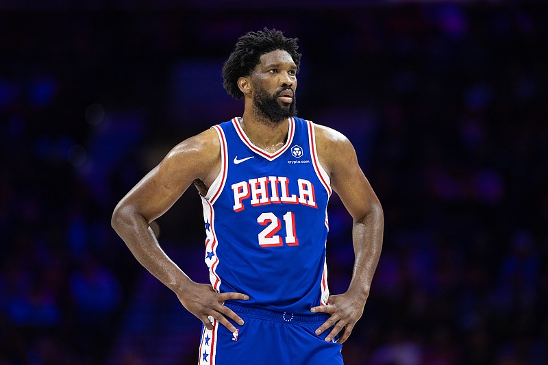 Feb 20, 2025; Philadelphia, Pennsylvania, USA; Philadelphia 76ers center Joel Embiid (21) looks on during the third quarter against the Boston Celtics at Wells Fargo Center. Mandatory Credit: Bill Streicher-Imagn Images