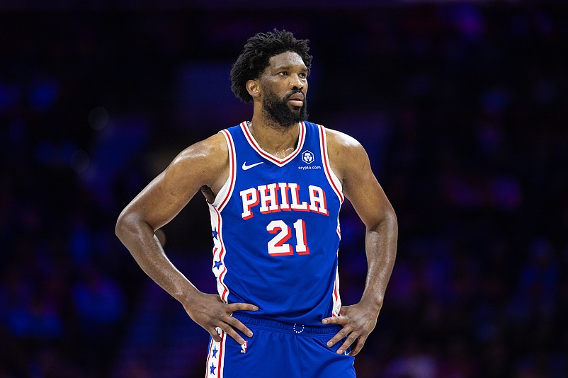 Feb 20, 2025; Philadelphia, Pennsylvania, USA; Philadelphia 76ers center Joel Embiid (21) looks on during the third quarter against the Boston Celtics at Wells Fargo Center. Mandatory Credit: Bill Streicher-Imagn Images