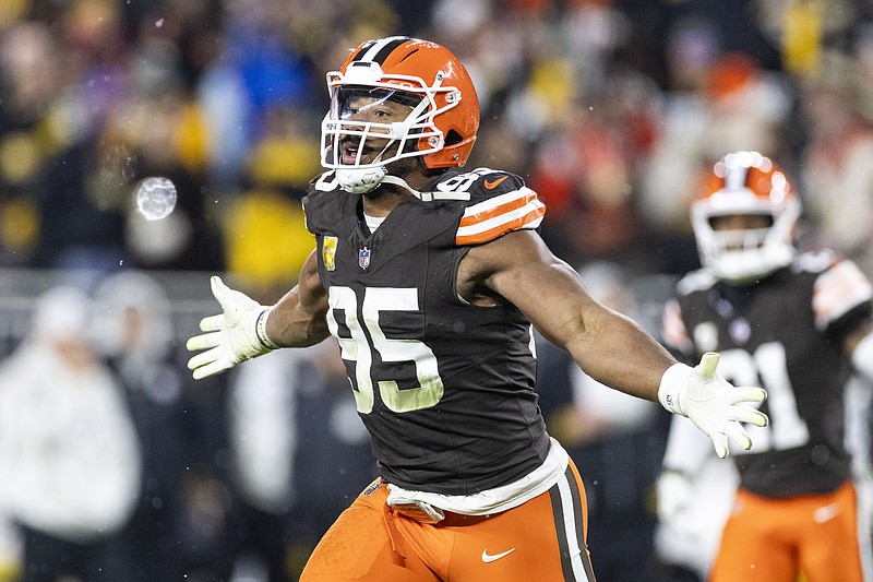 Nov 21, 2024; Cleveland, Ohio, USA; Cleveland Browns defensive end Myles Garrett (95) celebrates a team fumble recovery against the Pittsburgh Steelers during the second quarter at Huntington Bank Field Stadium. Mandatory Credit: Scott Galvin-Imagn Images