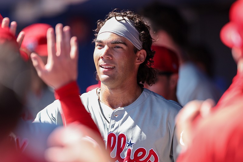 Feb 26, 2025; Dunedin, Florida, USA; Philadelphia Phillies outfielder Gabriel Rincones Jr. (85) celebrates after hitting a home run against the Toronto Blue Jays in the third inning during spring training at TD Ballpark. Mandatory Credit: Nathan Ray Seebeck-Imagn Images