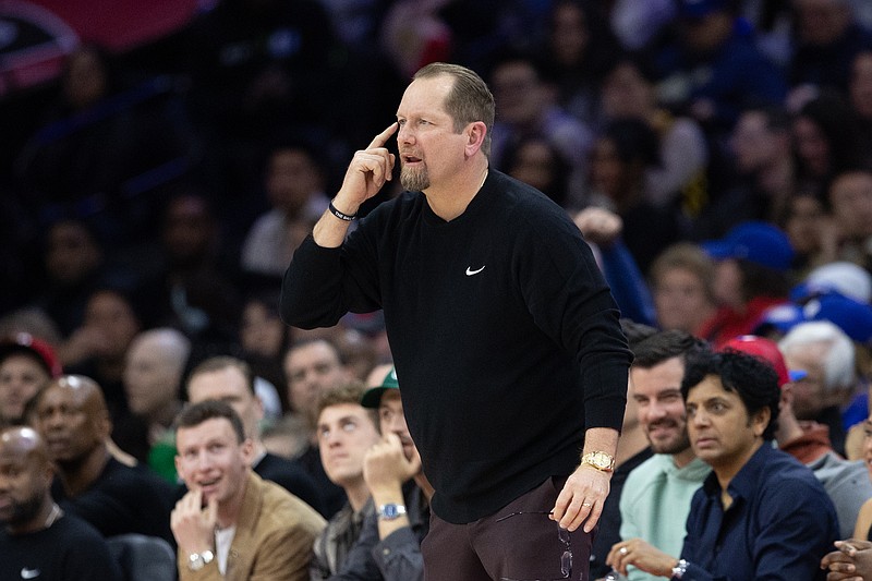 Mar 1, 2025; Philadelphia, Pennsylvania, USA; Philadelphia 76ers head coach Nick Nurse reacts during the second quarter against the Golden State Warriors at Wells Fargo Center. Mandatory Credit: Bill Streicher-Imagn Images