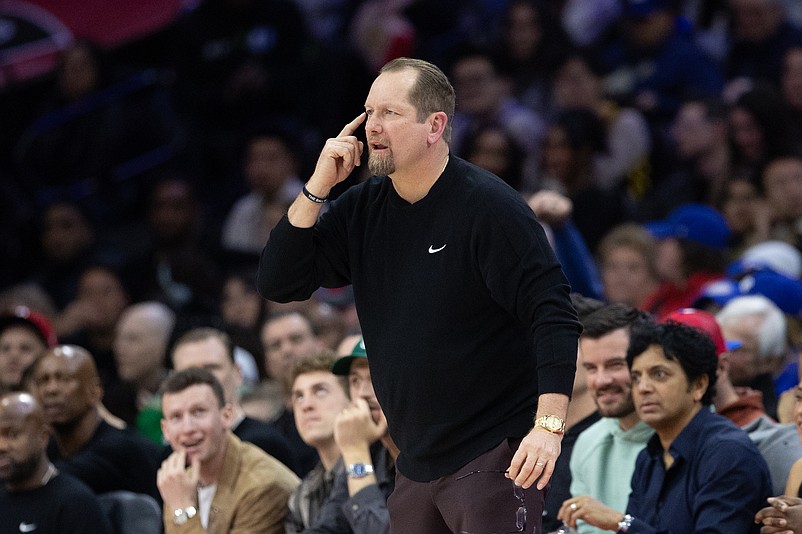 Mar 1, 2025; Philadelphia, Pennsylvania, USA; Philadelphia 76ers head coach Nick Nurse reacts during the second quarter against the Golden State Warriors at Wells Fargo Center. Mandatory Credit: Bill Streicher-Imagn Images