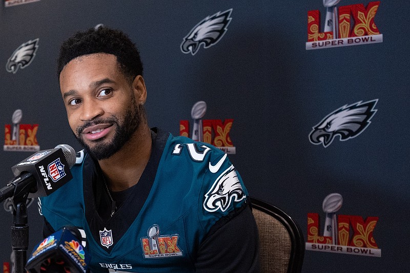 Feb 5, 2025; New Orleans, LA, USA; Philadelphia Eagles cornerback Darius Slay Jr. speaks with the media during a press conference at Hilton New Orleans Riverside. Mandatory Credit: Bill Streicher-Imagn Images