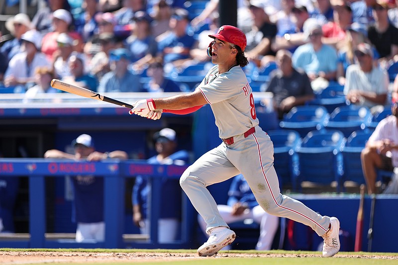 Feb 26, 2025; Dunedin, Florida, USA; Philadelphia Phillies outfielder Gabriel Rincones Jr. (85) hits a solo home run against the Toronto Blue Jays in the third inning during spring training at TD Ballpark. Mandatory Credit: Nathan Ray Seebeck-Imagn Images