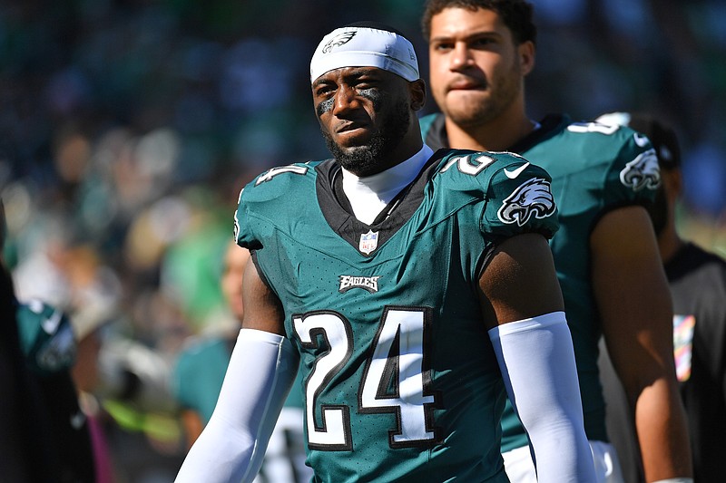 Oct 1, 2023; Philadelphia, Pennsylvania, USA; Philadelphia Eagles cornerback James Bradberry (24) against the Washington Commanders at Lincoln Financial Field. Mandatory Credit: Eric Hartline-USA TODAY Sports