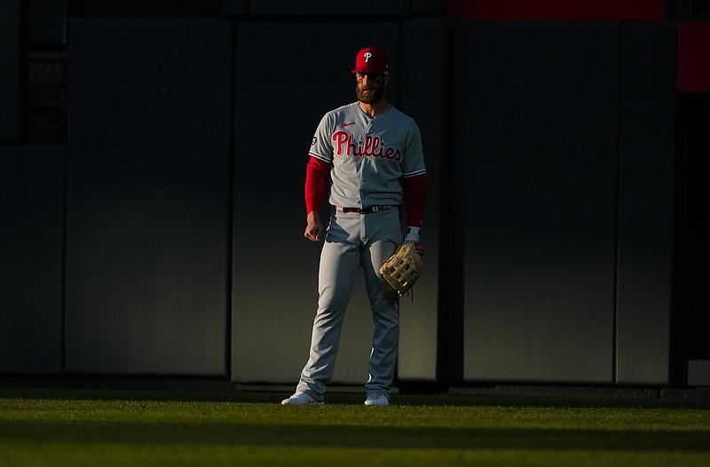 Apr 23, 2021; Denver, Colorado, USA; Philadelphia Phillies right fielder Bryce Harper (3) during the third inning against the Colorado Rockies at Coors Field. Mandatory Credit: Ron Chenoy-USA TODAY Sports