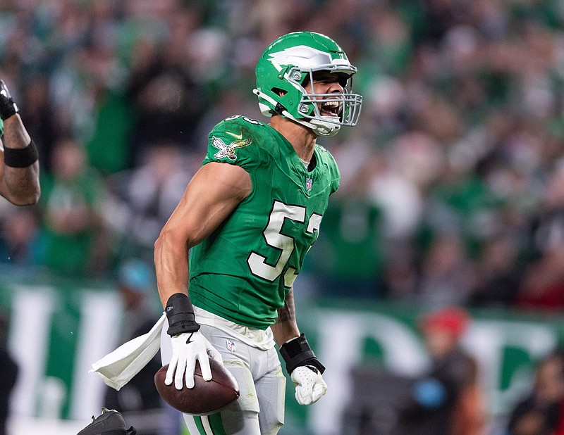 Nov 3, 2024; Philadelphia, Pennsylvania, USA; Philadelphia Eagles linebacker Zack Baun (53) reacts after his interception against the Jacksonville Jaguars during the second quarter at Lincoln Financial Field. Mandatory Credit: Bill Streicher-Imagn Images