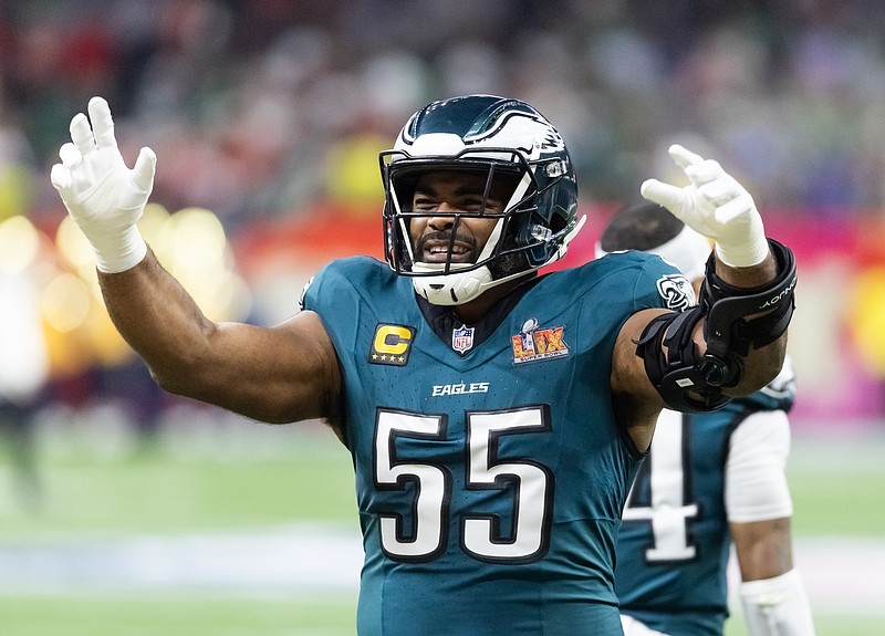 Feb 9, 2025; New Orleans, LA, USA; Philadelphia Eagles defensive end Brandon Graham (55) against the Kansas City Chiefs during Super Bowl LIX at Ceasars Superdome. Mandatory Credit: Mark J. Rebilas-Imagn Images