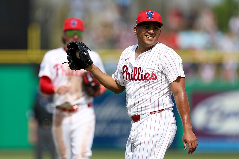 Mar 4, 2025; Clearwater, Florida, USA; Philadelphia Phillies pitcher Ranger Suarez (55) races after a play against the New York Yankees in the fifth inning during spring training at BayCare Ballpark. Mandatory Credit: Nathan Ray Seebeck-Imagn Images