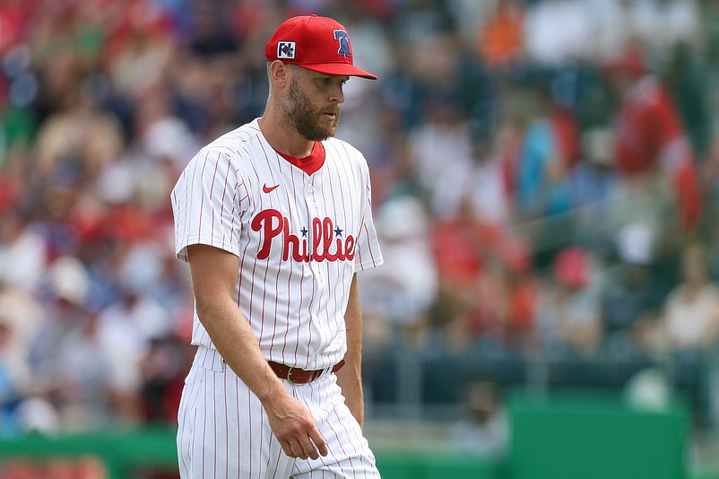 Mar 4, 2025; Clearwater, Florida, USA; Philadelphia Phillies pitcher Zack Wheeler (45) walks off the field against the New York Yankees in the first inning during spring training at BayCare Ballpark. Mandatory Credit: Nathan Ray Seebeck-Imagn Images