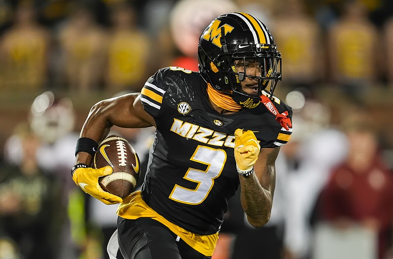 Nov 9, 2024; Columbia, Missouri, USA; Missouri Tigers wide receiver Luther Burden III (3) runs with the ball during the first half against the Oklahoma Sooners at Faurot Field at Memorial Stadium. Mandatory Credit: Jay Biggerstaff-Imagn Images