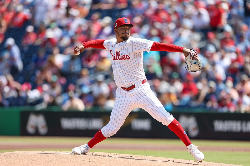 Mar 8, 2025; Clearwater, Florida, USA; Philadelphia Phillies pitcher Taijuan Walker (99) throws a pitch against the Toronto Blue Jays in the first inning during spring training at BayCare Ballpark. Mandatory Credit: Nathan Ray Seebeck-Imagn Images