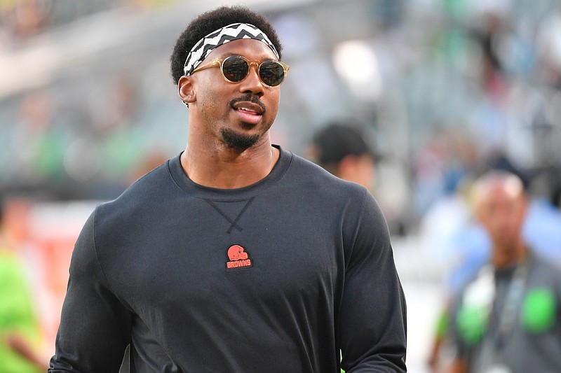 Aug 17, 2023; Philadelphia, Pennsylvania, USA; Cleveland Browns defensive end Myles Garrett (95) walks off the field against the Philadelphia Eagles at Lincoln Financial Field. Mandatory Credit: Eric Hartline-USA TODAY Sports