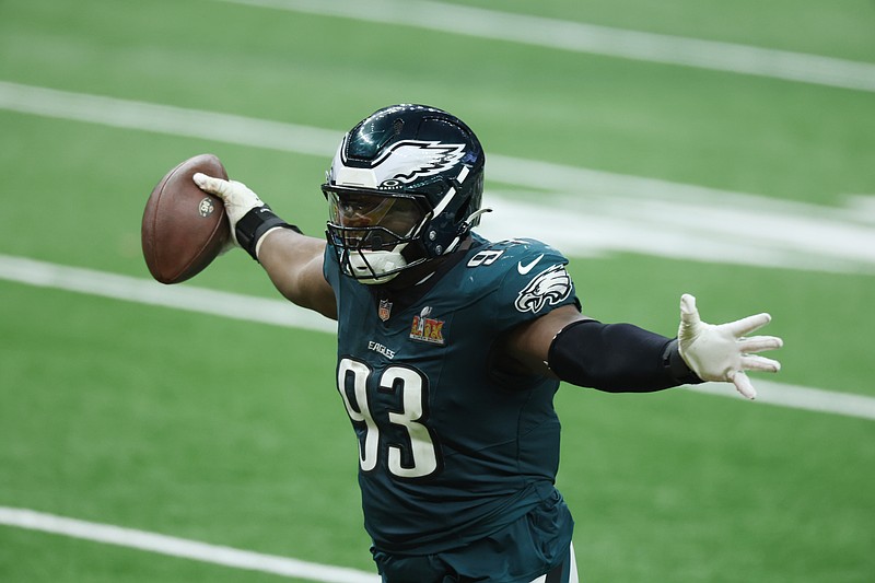 Feb 9, 2025; New Orleans, LA, USA; Philadelphia Eagles defensive tackle Milton Williams (93) celebrates a fumble recovery in the fourth quarter in Super Bowl LIX at Ceasars Superdome. Mandatory Credit: Stephen Lew-Imagn Images