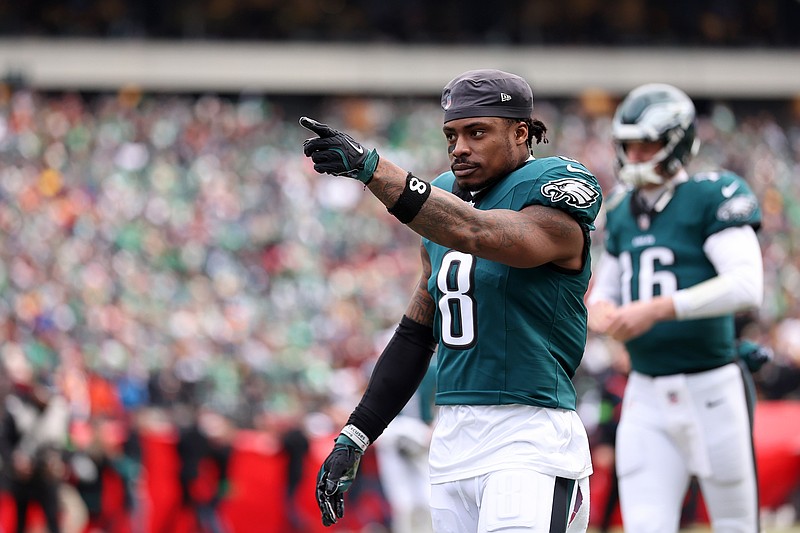 Jan 26, 2025; Philadelphia, PA, USA; Philadelphia Eagles safety C.J. Gardner-Johnson (8) gestures before the NFC Championship game at Lincoln Financial Field. Mandatory Credit: Bill Streicher-Imagn Images