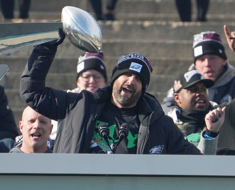 Eagles head coach Nick Sirianni holds up the Vince Lombardi trophy during the Philadelphia Eagles Super Bowl celebration in front of the Philadelphia Museum of Art, Friday, Feb. 14, 2025.