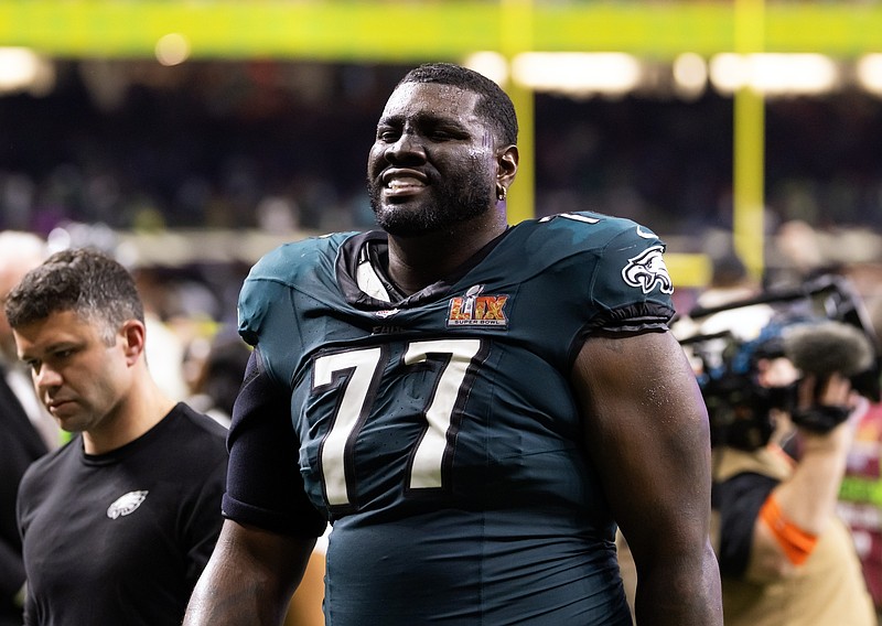 Feb 9, 2025; New Orleans, LA, USA; Philadelphia Eagles  offensive tackle Mekhi Becton (77) against the Kansas City Chiefs during Super Bowl LIX at Ceasars Superdome. Mandatory Credit: Mark J. Rebilas-Imagn Images