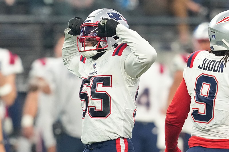 Dec 18, 2022; Paradise, Nevada, USA; New England Patriots linebacker Josh Uche (55) celebrates after getting a sack against the Las Vegas Raiders during the second half at Allegiant Stadium. Mandatory Credit: Stephen R. Sylvanie-USA TODAY Sports