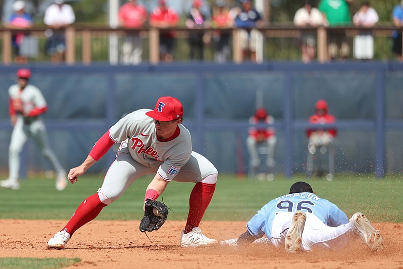 Feb 25, 2025; Port Charlotte, Florida, USA;  Tampa Bay Rays outfielder Chandler Simpson (96) slides safely into second base against Philadelphia Phillies infielder Aidan Miller (81) at Charlotte Sports Park. Mandatory Credit: Kim Klement Neitzel-Imagn Images