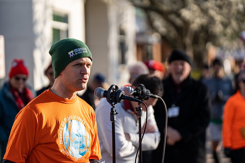 Sheldon C. Good, director of development and strategic direction at Manna on Main Street, is speaking to the crowds at the annual Race to End Hunger. (Credit: Sheldon C. Good)